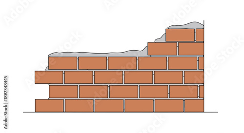 Construction Illustration Showing a Red Brick Wall Being Built with Gray Mortar Layers Isolated on a Clean White Background for Masonry Services.