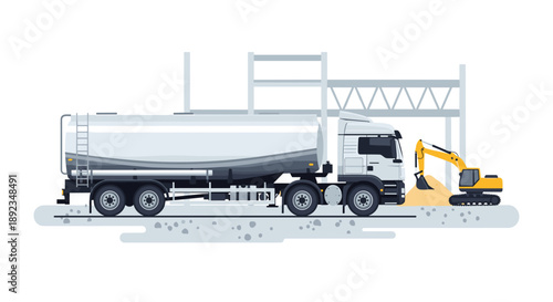 Large White Semi Truck Fuel Tanker Driving Past a Construction Site with an Excavator and Steel Structure Background Illustration.