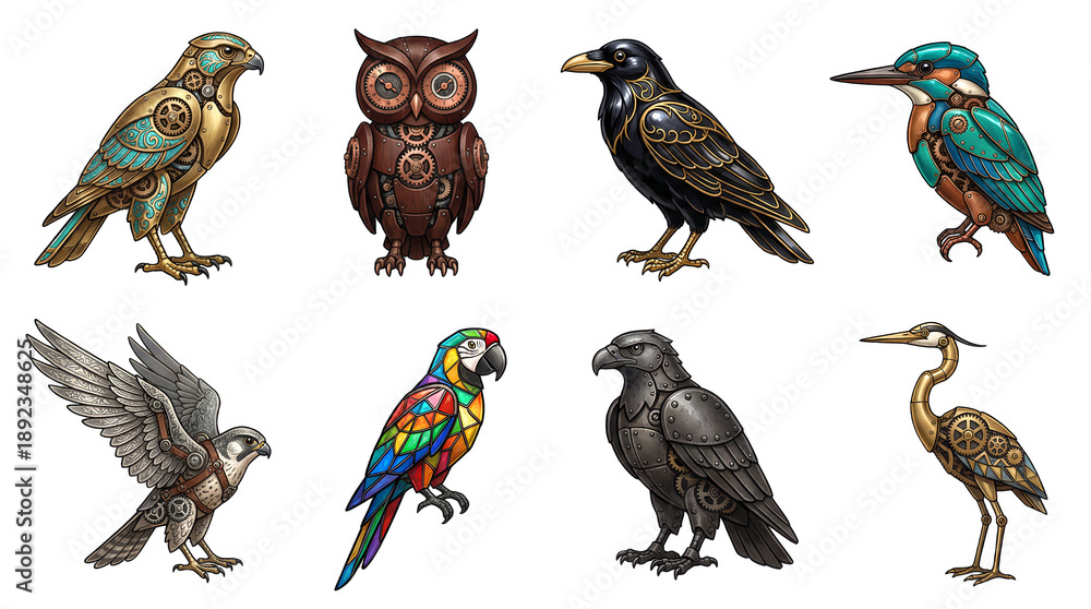 Naklejka premium Steampunk bird set including mechanical owl, hawk, kingfisher, heron, and parrot designs isolated. Metallic avian illustration collection for fantasy and craft projects.