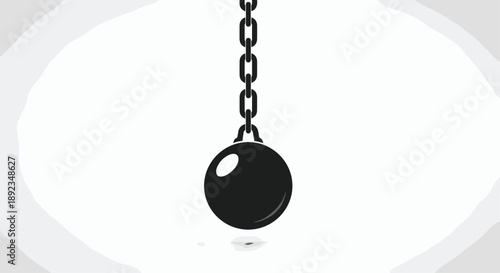 Illustration of a Large Black Wrecking Ball Swinging from a Vertical Chain Against a Soft Gray Radial Gradient Background for Demolition Concepts.