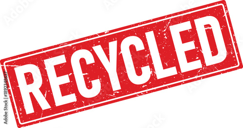 Angled Red Rubber Stamp with Recycled Text, Textured Surface and Grunge Effect on White