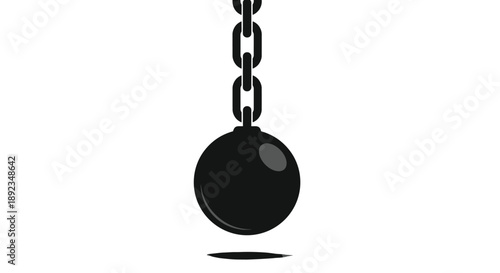 Close Up View of a Black Metal Wrecking Ball Hanging from a Thick Steel Chain Isolated on a Solid White Background for Demolition Projects.