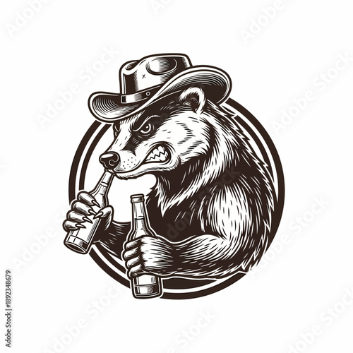 Vintage illustration of a badger wearing a cowboy hat holding beer bottles in a circular frame from a front viewpoint