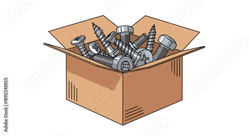 Open Cardboard Box Overflowing with an Assortment of Metal Screws Bolts and Fasteners Isolated on a Plain White Background for Hardware Store Catalogs.