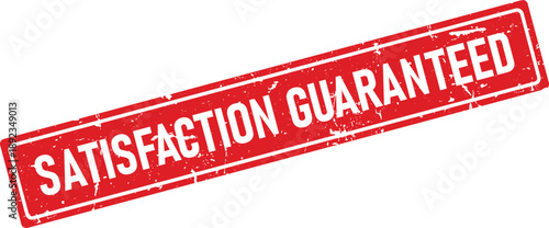 Distressed Red Satisfaction Guaranteed Rectangle Stamp with White Text on White Background