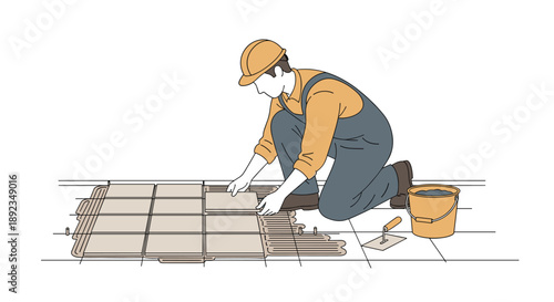 Skilled Tradesman Wearing Yellow Safety Helmet and Blue Overalls Installing Large Floor Tiles with a Bucket and Trowel Nearby on a Bright Construction Site.