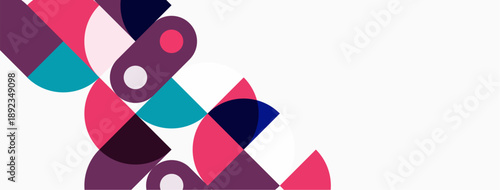 Abstract geometric shapes overlap, creating vibrant color blocks. Composition feels modern, playful, dynamic. White space dominates background.