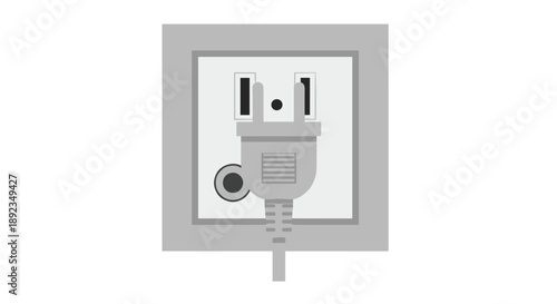 Frontal View of a Grey Three Prong Power Plug Inserted into a Grounded Wall Socket Illustrating Reliable Electrical Connection for Household Appliances.