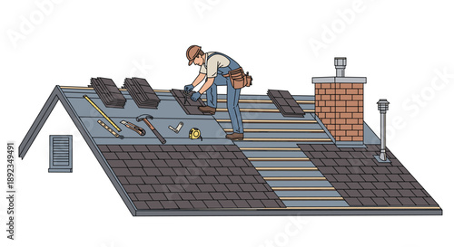 Skilled Roofer Installing Asphalt Shingles on a Residential Sloped Roof with Hammers and Measuring Tools Laid Out for an Organized Construction Project.