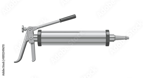 Industrial Manual Grease Gun with Long Silver Cylinder and Black Lever Handle for Precise Lubrication of Mechanical Parts and Heavy Machinery Maintenance.