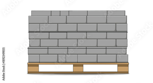 Large Pile of Grey Concrete Masonry Units Stacked Neatly on a Wooden Pallet Ready for Delivery to a Construction Site for Building Wall Structures.