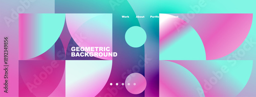 Abstract geometric background. Vibrant pinks, blues blend. Circles overlap creating dynamic visual effect. Text displays menu options.
