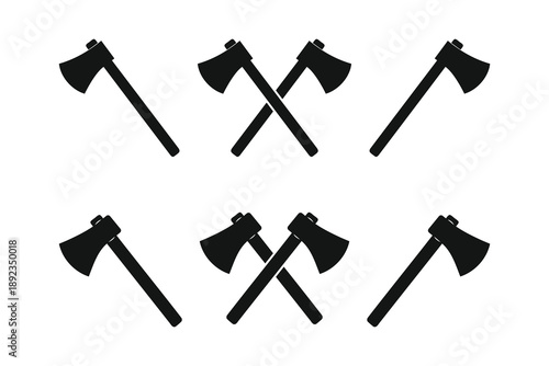 Six black axes silhouette flat vector icons arranged in pairs isolated on a white background.