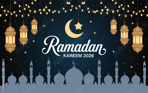 Ramadan kareem 2026 background with lanterns crescent moon and mosque silhouettes