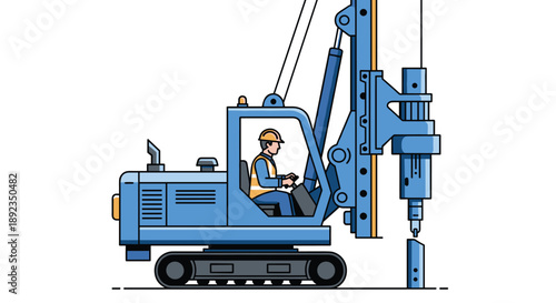Heavy Duty Blue Hydraulic Piling Rig with Operator in the Cab Performing Foundation Drilling for a Large Scale Construction Project on a Clear Day.