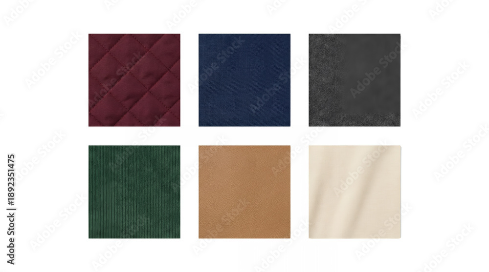 Fototapeta premium Textile fabric swatches set including quilted burgundy, navy linen, grey felt, green corduroy, brown leather, and cream cotton isolated. Material sample collection for interior design.