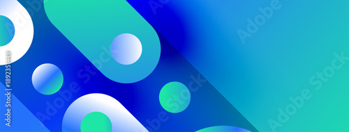 Abstract background features vibrant blue, turquoise gradients. Circles overlap creating dynamic visual effect. Modern design elements present.