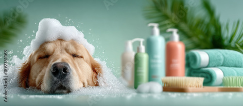 Close-up of a happy Golden Retriever's head with shampoo foam on its fur, surrounded by various pet care bottles. Perfect for advertising dog spas and premium animal cosmetics, with copy space.