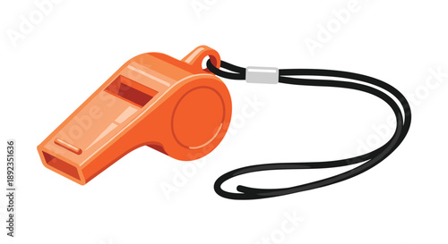 Bright Orange Plastic Safety Whistle with an Attached Black Cord Lanyard for Emergency Signaling and Outdoor Sporting Activities Isolated on White.