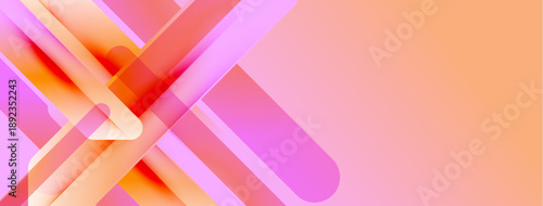 Abstract geometric shapes overlap, creating vibrant orange, pink gradients. Modern design suggests technology, innovation, energy. Smooth transitions define composition.