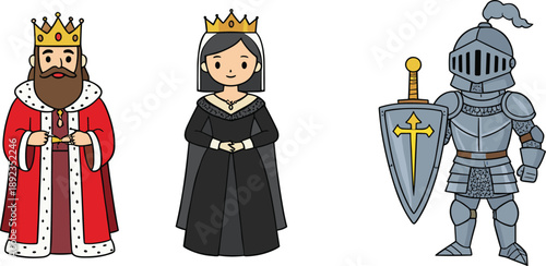 Cute medieval royal characters vector set featuring king queen and knight cartoon illustrations isolated on white background