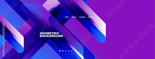 Modern website header design. Blue geometric shapes overlap, creating dynamic visual effect. Minimalist text elements present navigation options.
