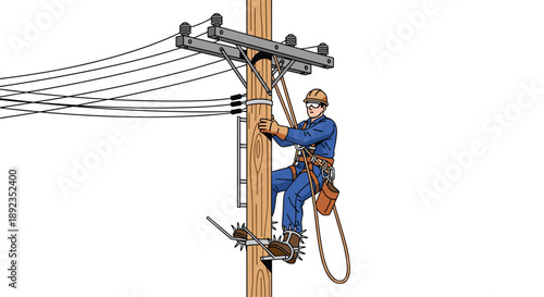 Skilled Electrical Technician Secured to a Utility Pole with a Heavy Duty Work Belt While Inspecting and Repairing High Voltage Overhead Power Distribution Lines.