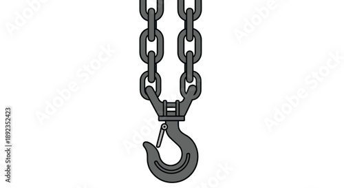 Heavy Duty Industrial Steel Lifting Chain Featuring a Large Metal Hook with a Safety Latch for Secure Hoisting and Rigging Tasks in Construction and Logistics.