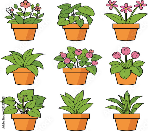Cute potted houseplants cartoon vector set with indoor flowers and green plants isolated on white background