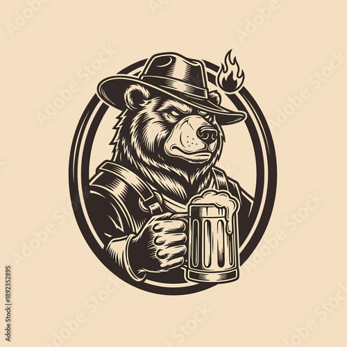 Illustration of a bear wearing a hat holding a beer mug in a circular frame