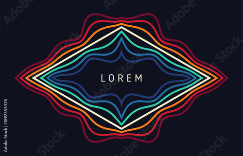A colorful frame composed of multiple multicolored lines. Diamond shape. Glow effect. Neon stripes. Vector for a brochure, poster, cover, postcard, flyer, banner, advertisement, or presentation.
