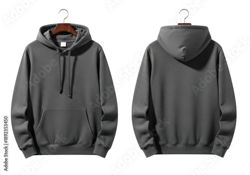 Front and back view of dark grey hoodie on hanger isolated on transparent background