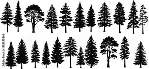 Set of various black pine tree silhouettes and deciduous forest trees, isolated vector illustration bundle, wilderness landscape elements for nature and camping design