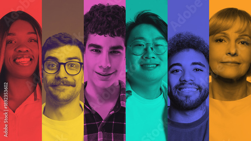 Tableau sur toile Inclusive collage diverse people portraits in vibrant color panels