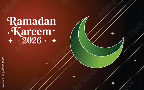 Ramadan kareem 2026 background with crescent moon and stars on gradient red and black