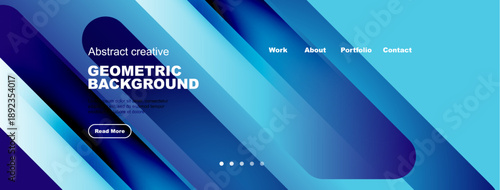 Abstract blue geometric design. Website header with navigation options, text, button. Modern style, vibrant colors, clean layout.