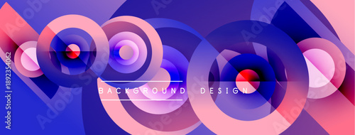 Abstract circles overlap, creating vibrant gradients. Purple, pink, blue hues dominate design. Text reads background design. Modern, dynamic composition.