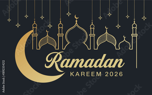 Ramadan kareem 2026 background with crescent moon mosque and stars for islamic greeting card