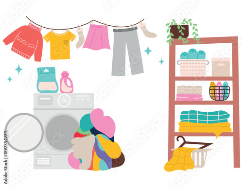 Laundry Day Scene with Washing Machine and Organized Shelves
