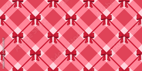 Seamless pattern. Holiday design. Squares, stripes, bows. Endless repeat romantic background, wallpaper. Retro, vintage style. Crossed, checkered seamless pattern.