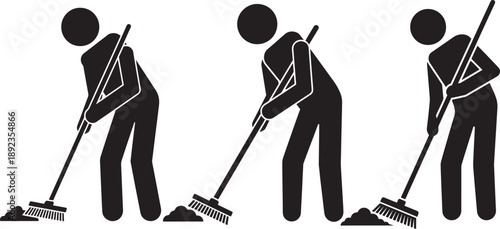 Stick figure silhouette sweeping floor illustration