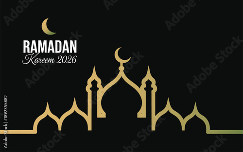 Ramadan kareem 2026 background with golden mosque silhouette and crescent moon