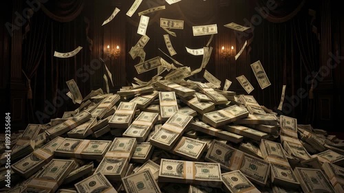 Wallpaper Mural Pile of cash raining from above in dark dramatic room creating cinematic vision of sudden wealth risk temptation and chaotic money fantasy Torontodigital.ca
