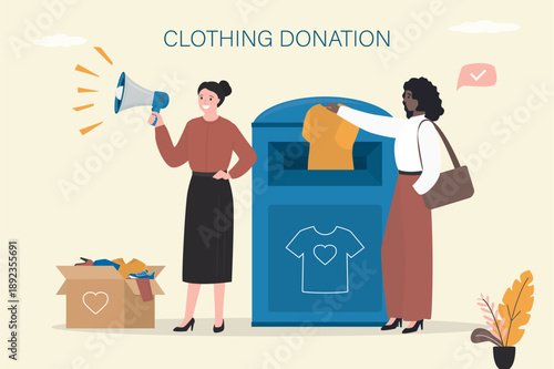 Volunteers asking for help collecting unwanted clothing. donating to charity. Woman insert clothes in street container for social humanitarian aid. Eco friendly production