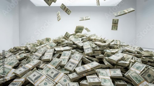 Wallpaper Mural Room filled with piles of cash creating surreal interior landscape symbolizing overwhelming wealth financial obsession greed and distorted money priorities Torontodigital.ca