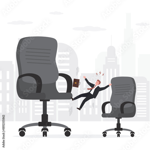 Demotion, concept. Businessman loser fall down from big office chair or career ladder. Regress, economic crisis or career stumble. Business risk, mistake or failure,