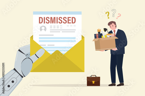 Unemployed businessman with office things in box. Robot sending Layoff email to employee to inform job dismissed, fired. AI chat bot replace human.