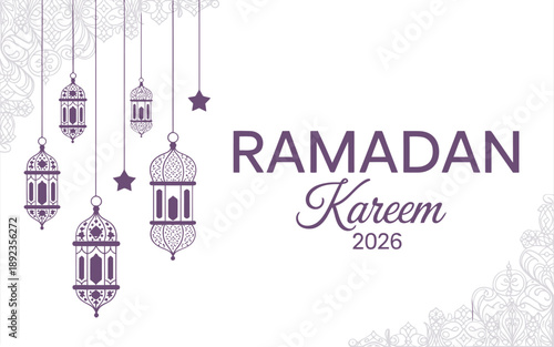 Ramadan kareem 2026 background with hanging lanterns and stars
