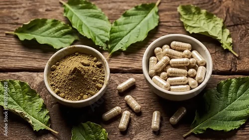 Wallpaper Mural Herbal medicine composition with green leaves and capsules on wooden table Torontodigital.ca