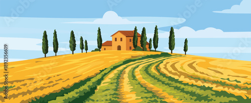 Beautiful Tuscan farmhouse surrounded by cypress trees on golden hills.